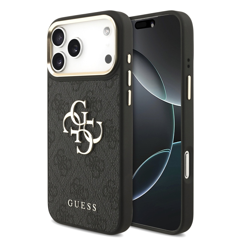 Guess PU koža 4G kovové logo so zlatým rámom – zadný kryt pre iPhone 18 Pro Max, čierny