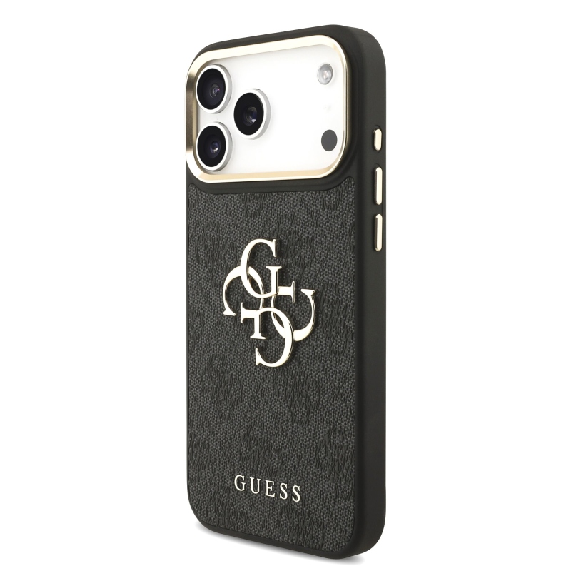 Guess PU koža 4G kovové logo so zlatým rámom – zadný kryt pre iPhone 18 Pro Max, čierny