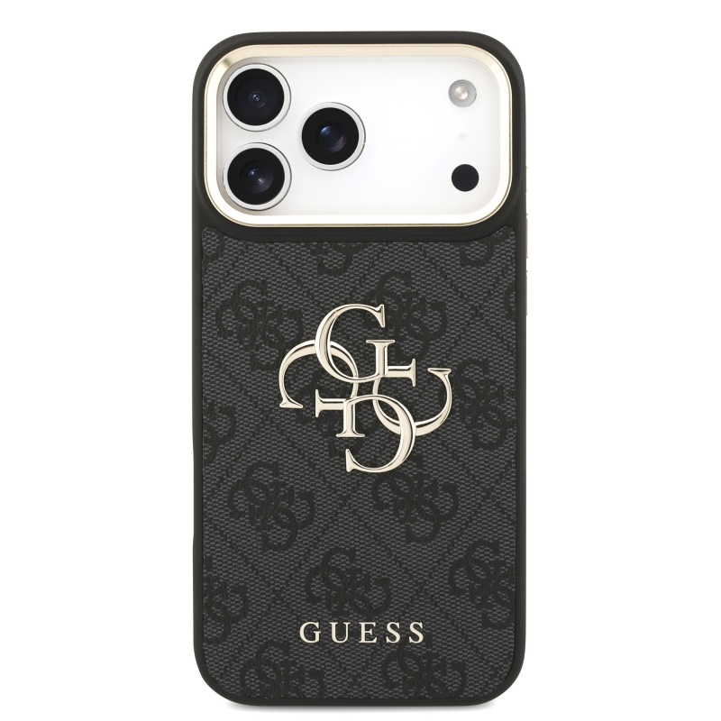 Guess PU koža 4G kovové logo so zlatým rámom – zadný kryt pre iPhone 18 Pro Max, čierny