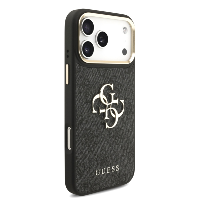 Guess PU koža 4G kovové logo so zlatým rámom – zadný kryt pre iPhone 18 Pro Max, čierny