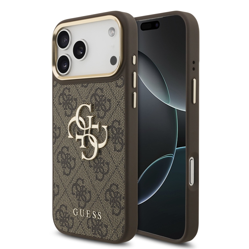 Guess PU koža 4G s kovovým logom a zlatým rámom – zadný kryt pre iPhone 18 Pro Max, hnedý