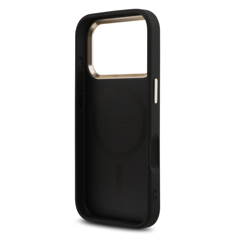 Guess PU koža 4G s trojuholníkovým logom so strassmi a zlatým rámom, zadný kryt MagSafe pre iPhone 18 Pro, čierny