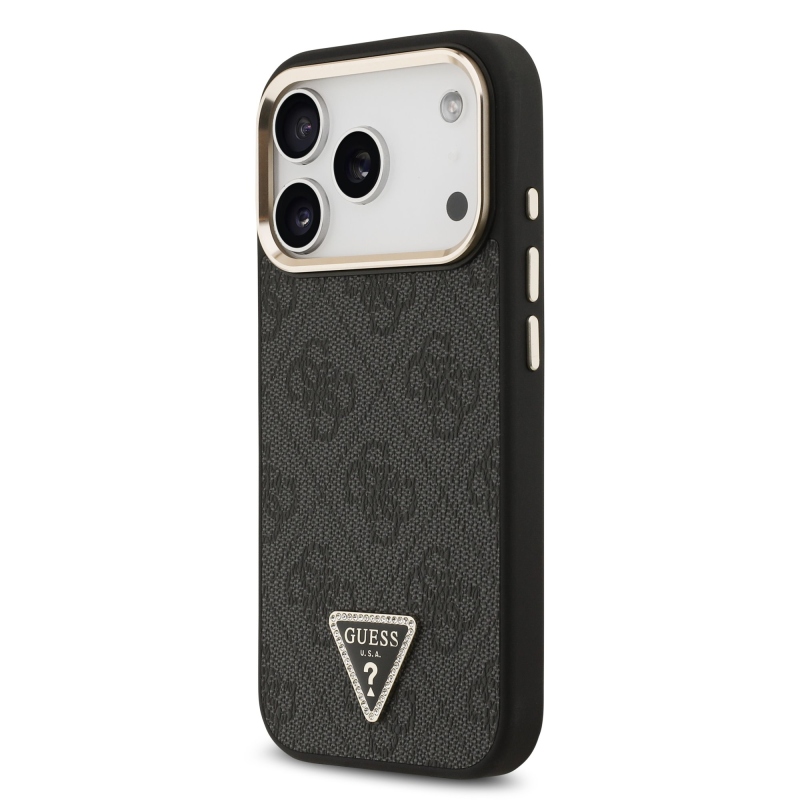 Guess PU koža 4G s trojuholníkovým logom so strassmi a zlatým rámom, zadný kryt MagSafe pre iPhone 18 Pro, čierny