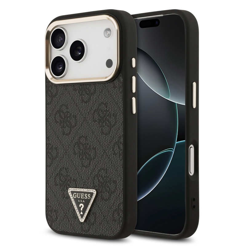Guess PU koža 4G s trojuholníkovým logom so strassmi a zlatým rámom, zadný kryt MagSafe pre iPhone 18 Pro, čierny