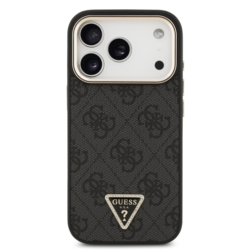 Guess PU koža 4G s trojuholníkovým logom so strassmi a zlatým rámom, zadný kryt MagSafe pre iPhone 18 Pro, čierny