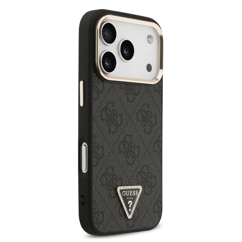 Guess PU koža 4G s trojuholníkovým logom so strassmi a zlatým rámom, zadný kryt MagSafe pre iPhone 18 Pro, čierny