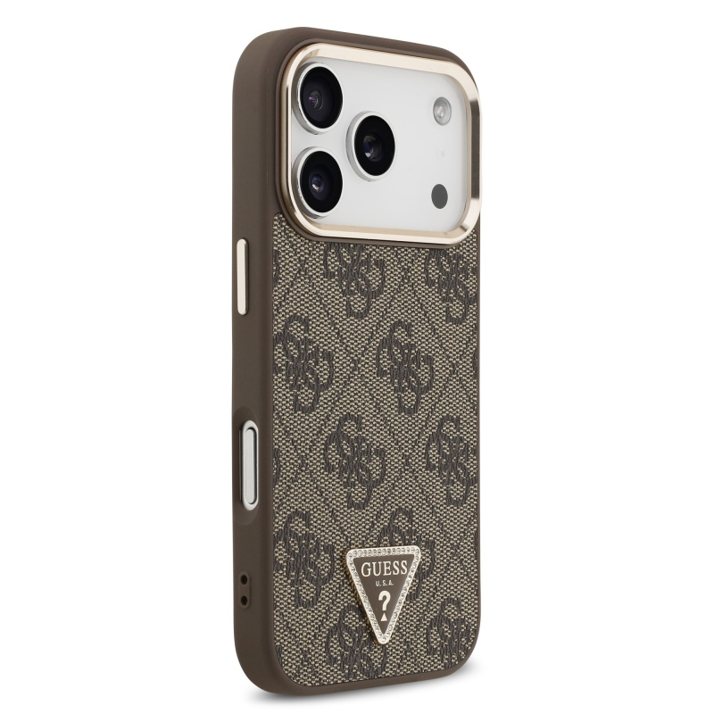 Guess PU koža 4G s logom v tvare trojuholníka so strassmi a zlatým rámčekom, zadný kryt MagSafe pre iPhone 18 Pro, hnedý