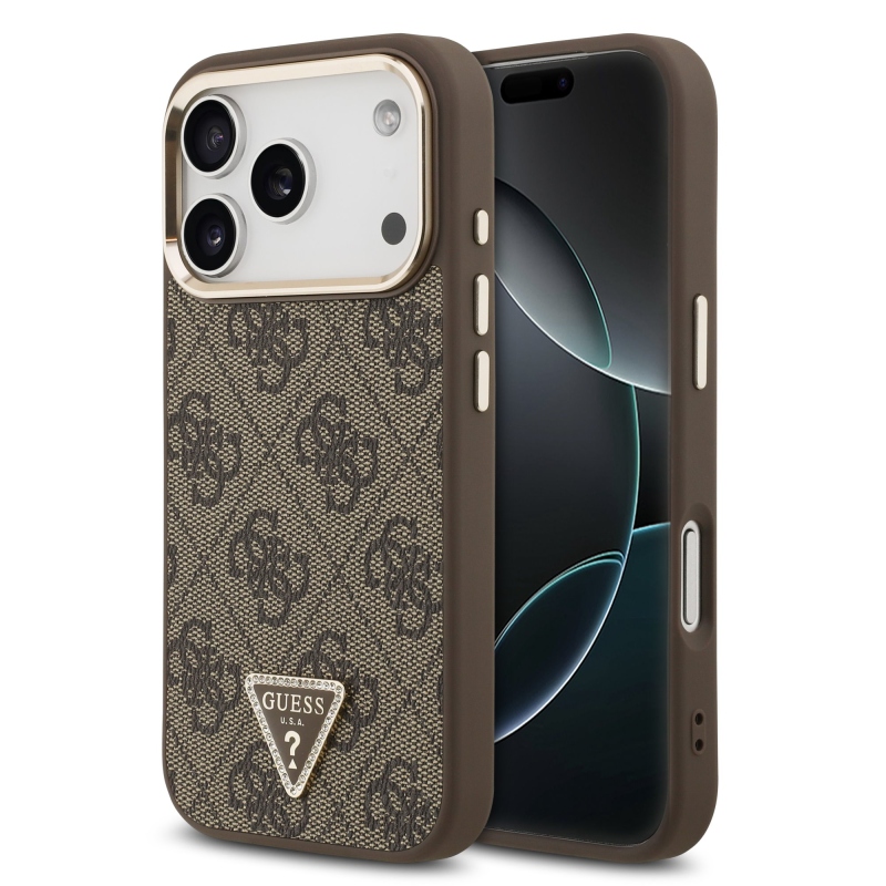 Guess PU koža 4G s logom v tvare trojuholníka so strassmi a zlatým rámčekom, zadný kryt MagSafe pre iPhone 18 Pro, hnedý