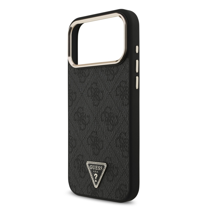Guess PU koža 4G s trojuholníkovým logom so strassmi a zlatým rámom, zadný kryt MagSafe pre iPhone 18 Pro Max, čierny