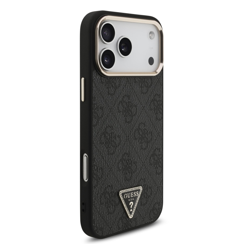 Guess PU koža 4G s trojuholníkovým logom so strassmi a zlatým rámom, zadný kryt MagSafe pre iPhone 18 Pro Max, čierny