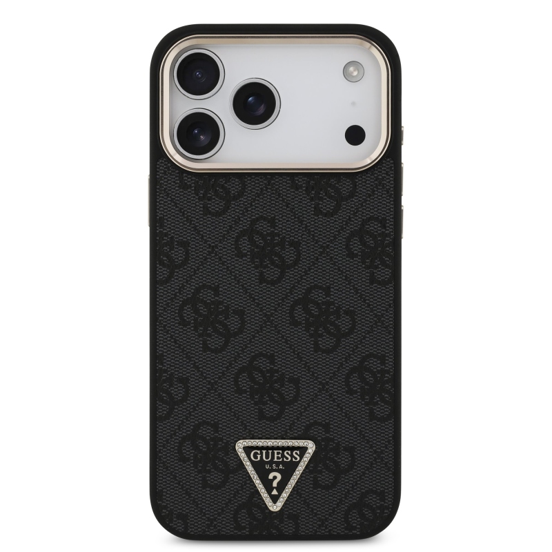 Guess PU koža 4G s trojuholníkovým logom so strassmi a zlatým rámom, zadný kryt MagSafe pre iPhone 18 Pro Max, čierny