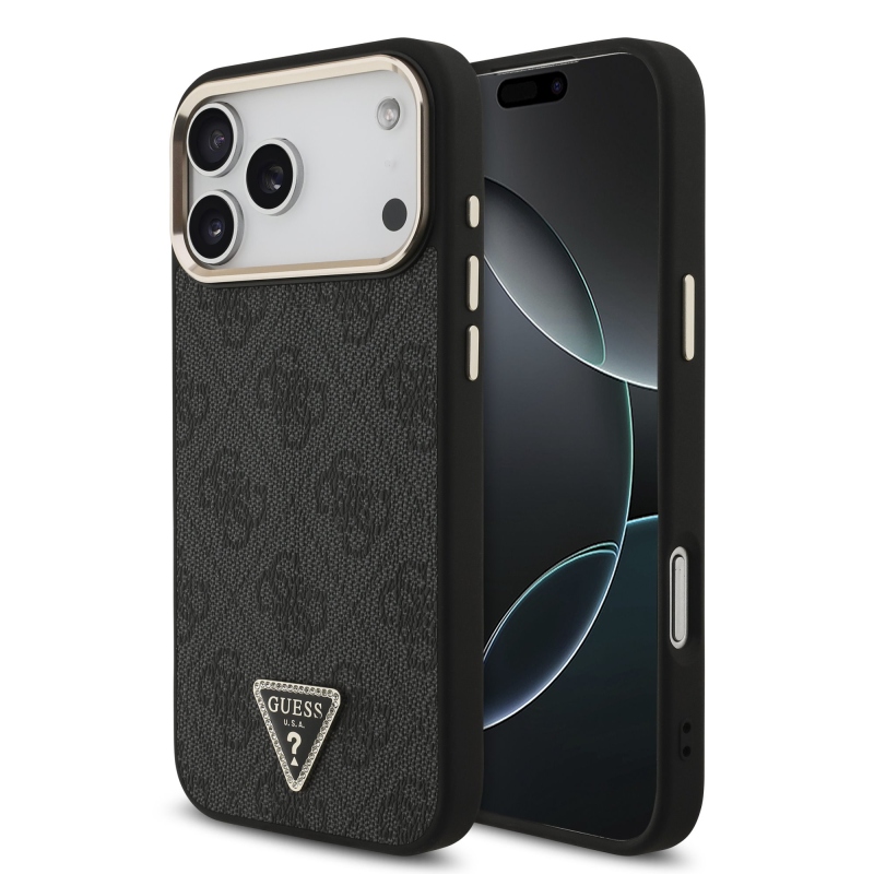 Guess PU koža 4G s trojuholníkovým logom so strassmi a zlatým rámom, zadný kryt MagSafe pre iPhone 18 Pro Max, čierny