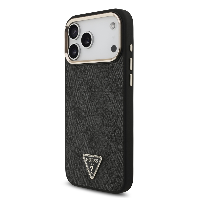 Guess PU koža 4G s trojuholníkovým logom so strassmi a zlatým rámom, zadný kryt MagSafe pre iPhone 18 Pro Max, čierny