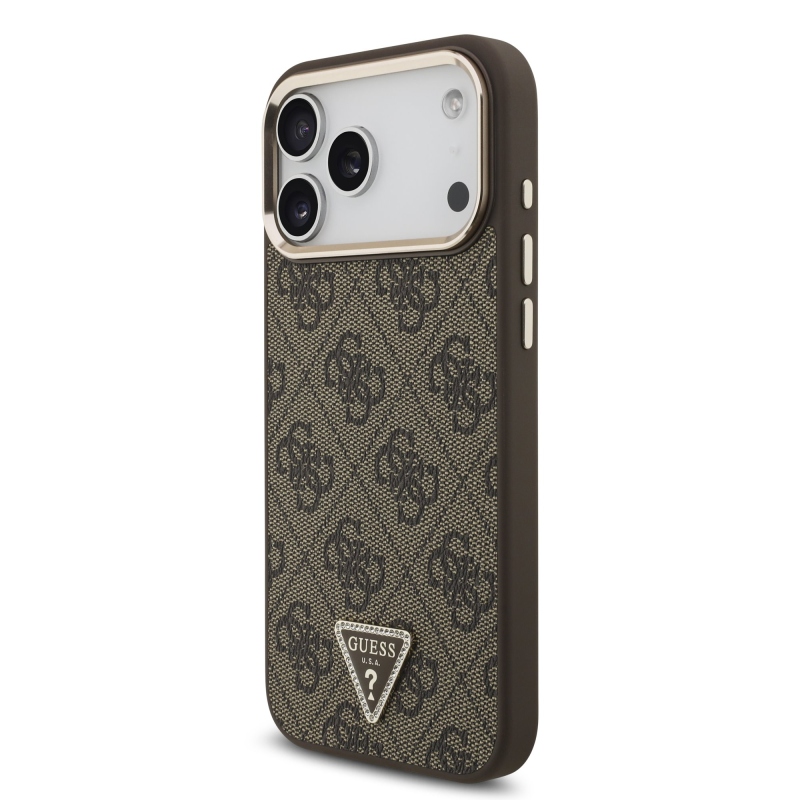 Guess PU koža 4G s trojuholníkovým logom so strassmi a zlatým rámom, zadný kryt MagSafe pre iPhone 18 Pro Max, hnedý