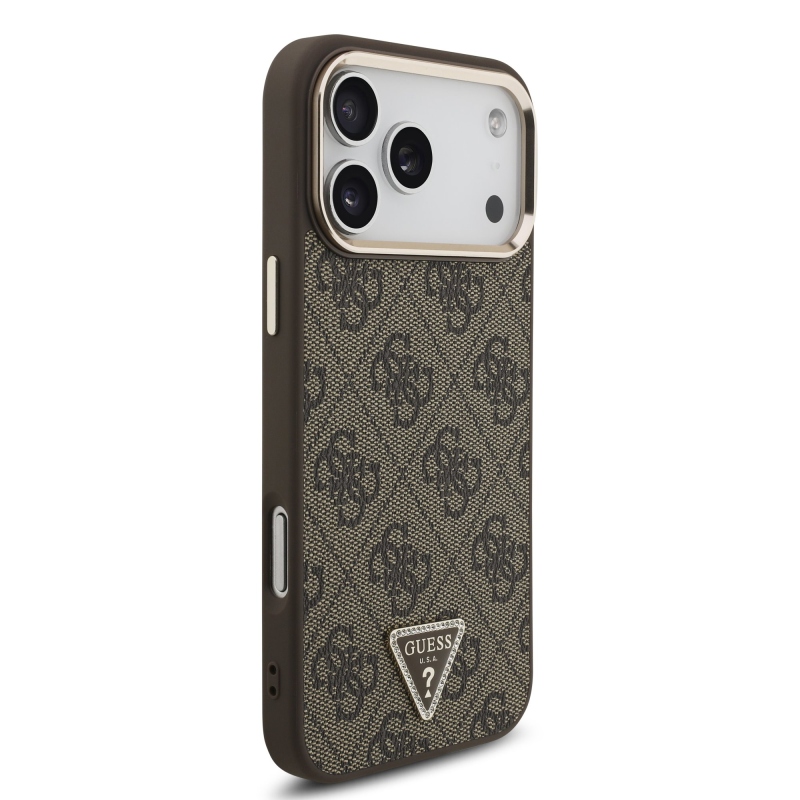 Guess PU koža 4G s trojuholníkovým logom so strassmi a zlatým rámom, zadný kryt MagSafe pre iPhone 18 Pro Max, hnedý