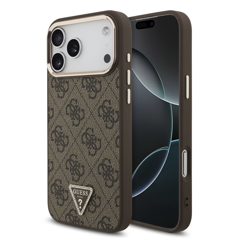 Guess PU koža 4G s trojuholníkovým logom so strassmi a zlatým rámom, zadný kryt MagSafe pre iPhone 18 Pro Max, hnedý