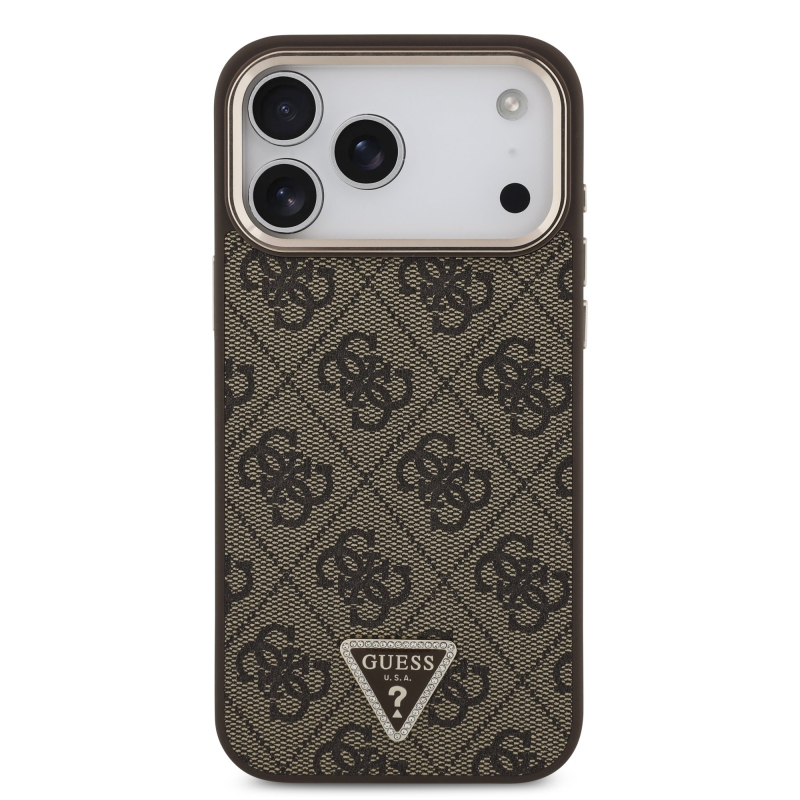 Guess PU koža 4G s trojuholníkovým logom so strassmi a zlatým rámom, zadný kryt MagSafe pre iPhone 18 Pro Max, hnedý