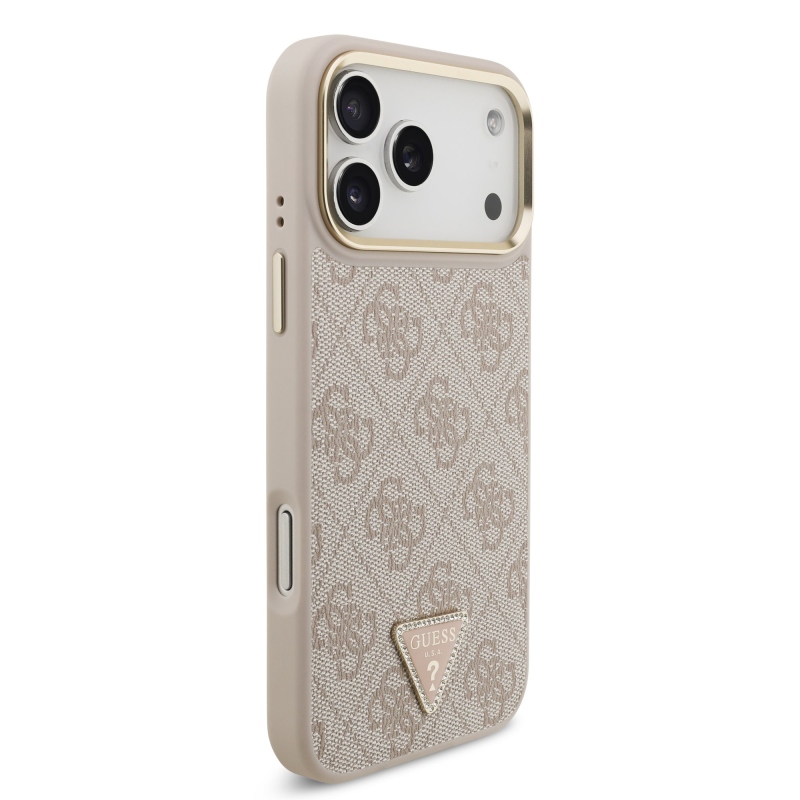 Guess PU koža 4G s logom v tvare trojuholníka so strassmi a zlatým rámom, zadný kryt MagSafe pre iPhone 18 Pro Max, ružový