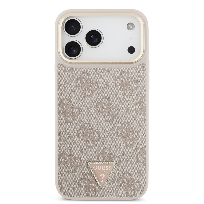 Guess PU koža 4G s logom v tvare trojuholníka so strassmi a zlatým rámom, zadný kryt MagSafe pre iPhone 18 Pro Max, ružový