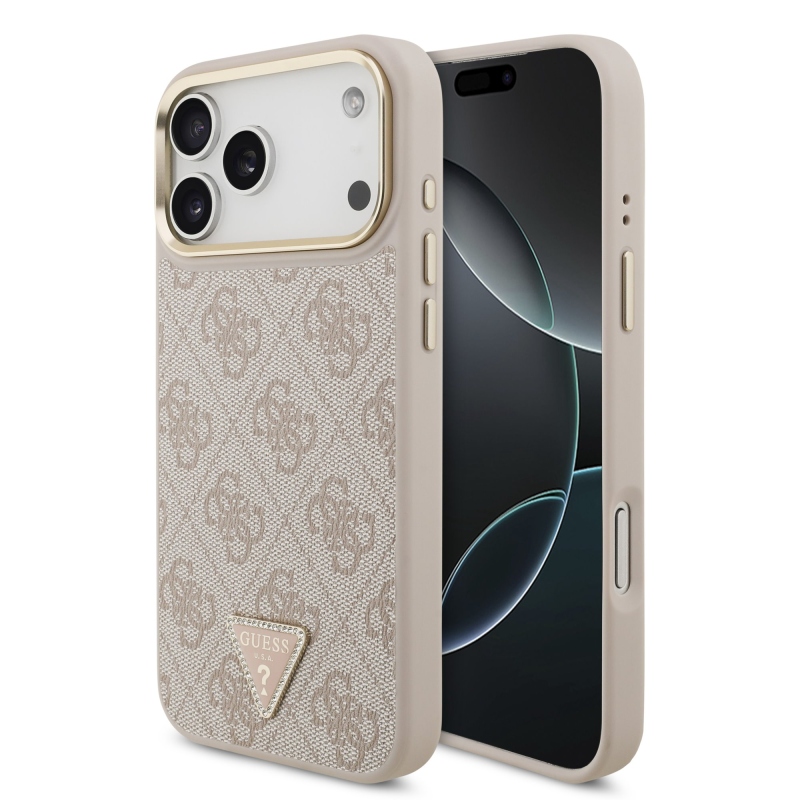 Guess PU koža 4G s logom v tvare trojuholníka so strassmi a zlatým rámom, zadný kryt MagSafe pre iPhone 18 Pro Max, ružový