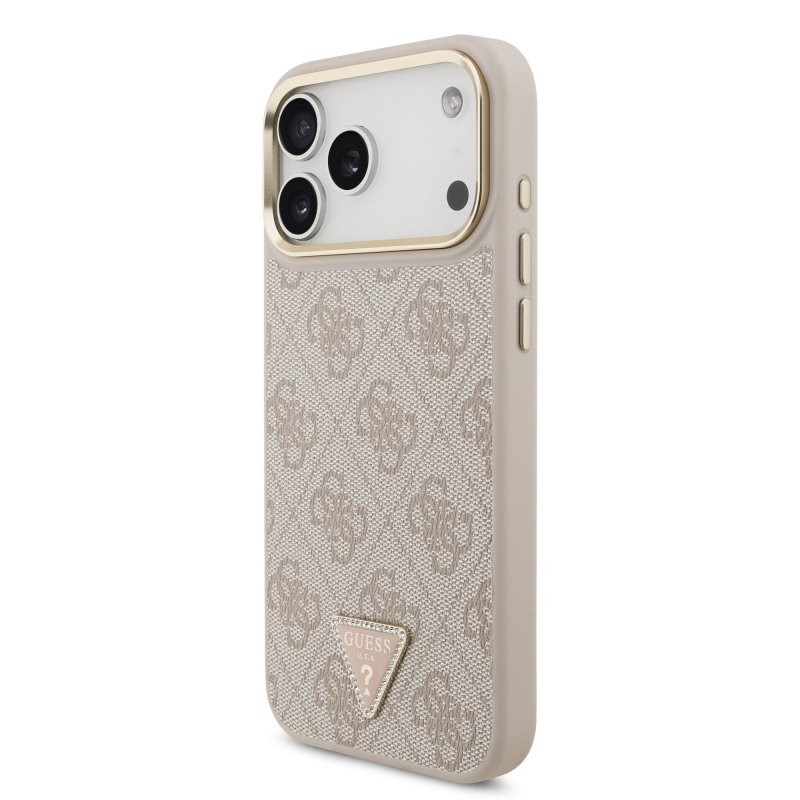 Guess PU koža 4G s logom v tvare trojuholníka so strassmi a zlatým rámom, zadný kryt MagSafe pre iPhone 18 Pro Max, ružový