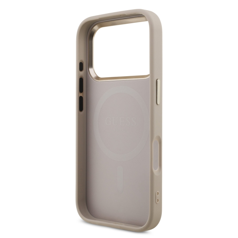 Guess PU koža 4G s trojuholníkovým logom zo strassov v zlatom ráme, zadný kryt MagSafe pre iPhone 18 Pro, ružový