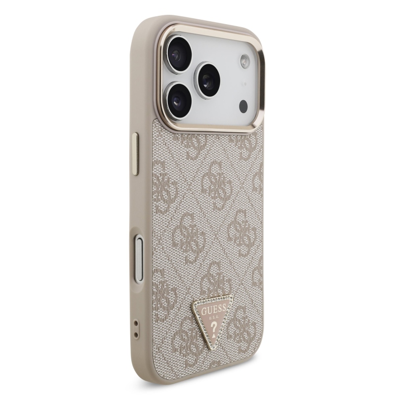 Guess PU koža 4G s trojuholníkovým logom zo strassov v zlatom ráme, zadný kryt MagSafe pre iPhone 18 Pro, ružový