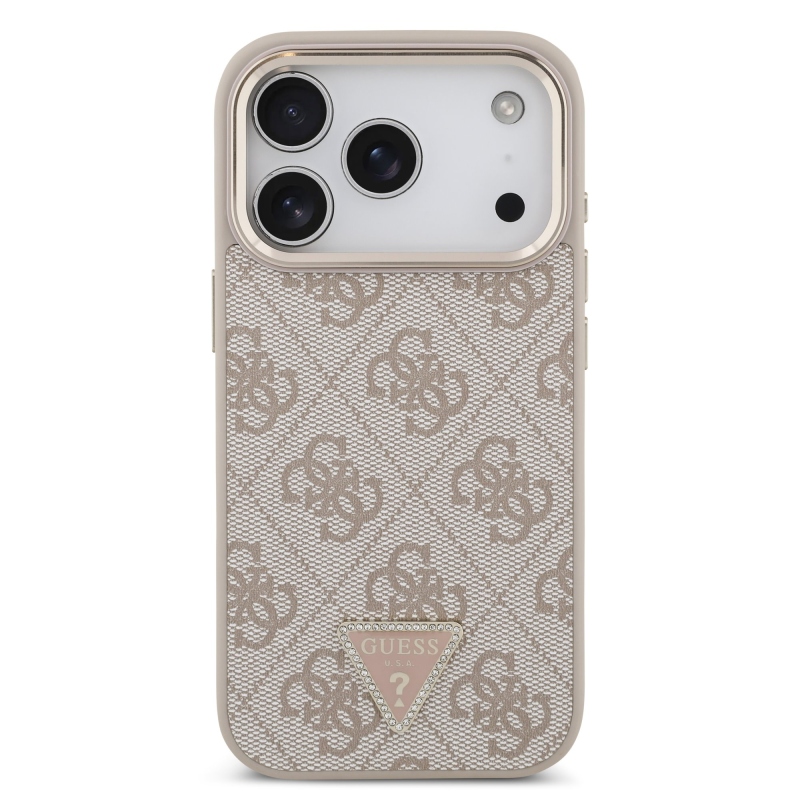 Guess PU koža 4G s trojuholníkovým logom zo strassov v zlatom ráme, zadný kryt MagSafe pre iPhone 18 Pro, ružový