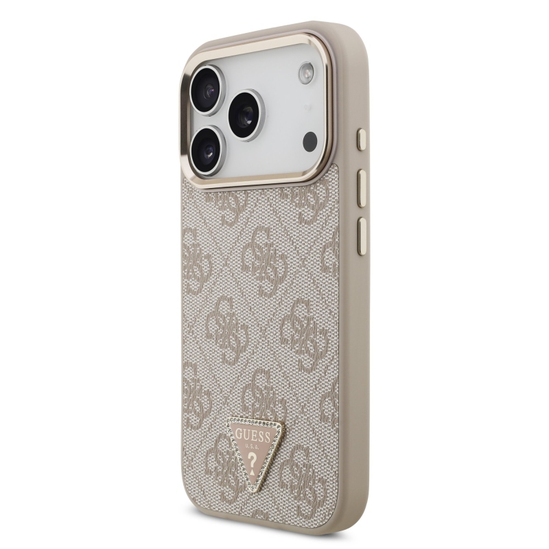 Guess PU koža 4G s trojuholníkovým logom zo strassov v zlatom ráme, zadný kryt MagSafe pre iPhone 18 Pro, ružový