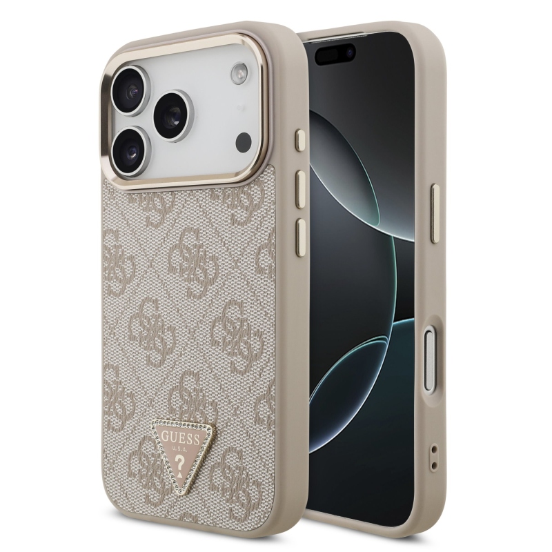 Guess PU koža 4G s trojuholníkovým logom zo strassov v zlatom ráme, zadný kryt MagSafe pre iPhone 18 Pro, ružový