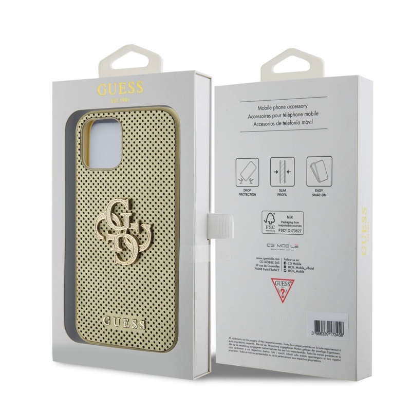 Guess PU Perforated 4G Glitter Metal Logo Zadný Kryt pre iPhone 12/12 Pro Gold