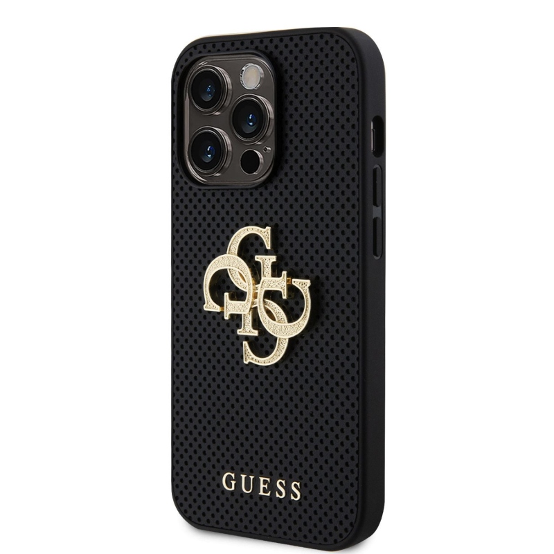 Guess PU Perforated 4G Glitter Metal Logo Zadný Kryt pre iPhone 14 Pro Black