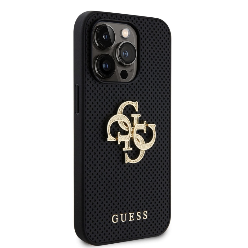 Guess PU Perforated 4G Glitter Metal Logo Zadný Kryt pre iPhone 14 Pro Black