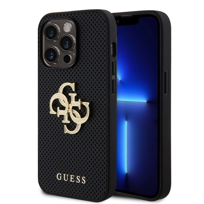 Guess PU Perforated 4G Glitter Metal Logo Zadný Kryt pre iPhone 14 Pro Black