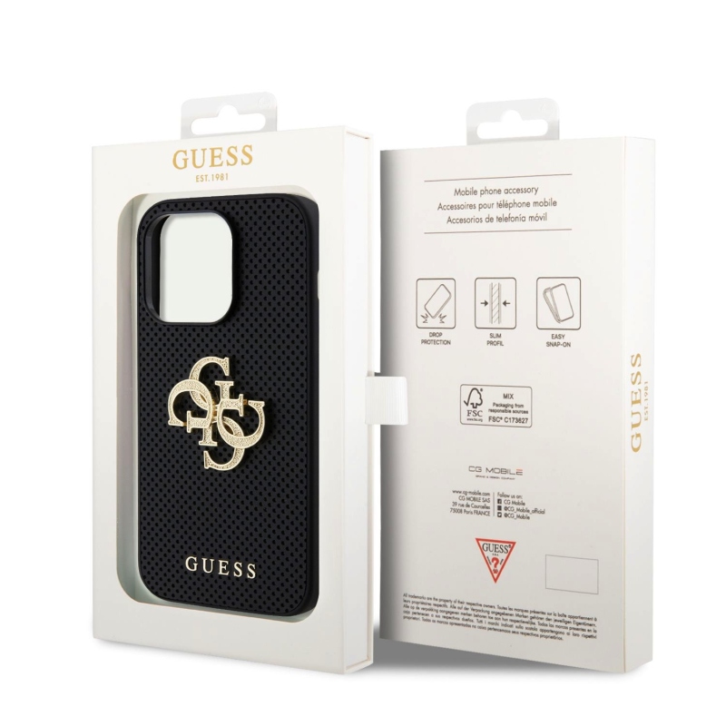 Guess PU Perforated 4G Glitter Metal Logo Zadný Kryt pre iPhone 14 Pro Max Black