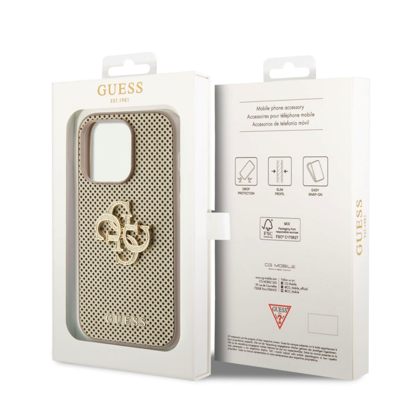 Guess PU Perforated 4G Glitter Metal Logo Zadný Kryt pre iPhone 14 Pro Max Gold