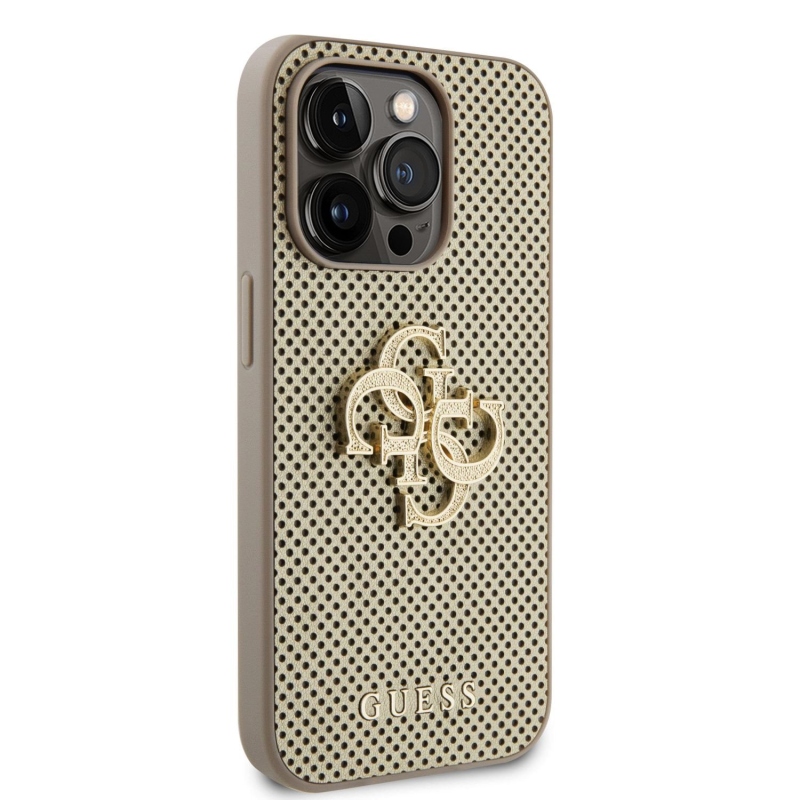 Guess PU Perforated 4G Glitter Metal Logo Zadný Kryt pre iPhone 14 Pro Max Gold