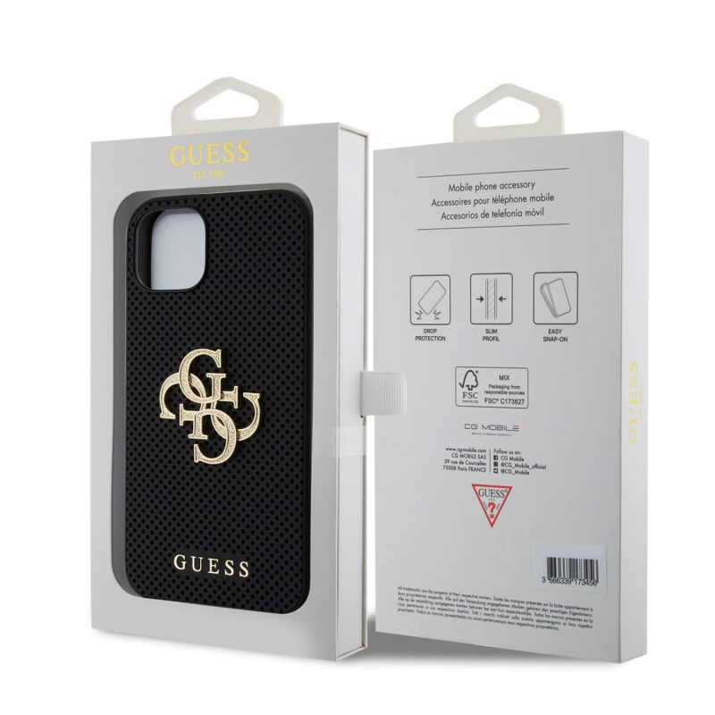 Guess PU Perforated 4G Glitter Metal Logo Zadný Kryt pre iPhone 15 Black