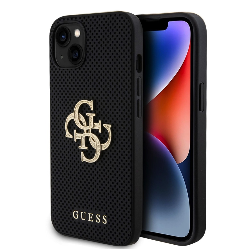 Guess PU Perforated 4G Glitter Metal Logo Zadný Kryt pre iPhone 15 Black