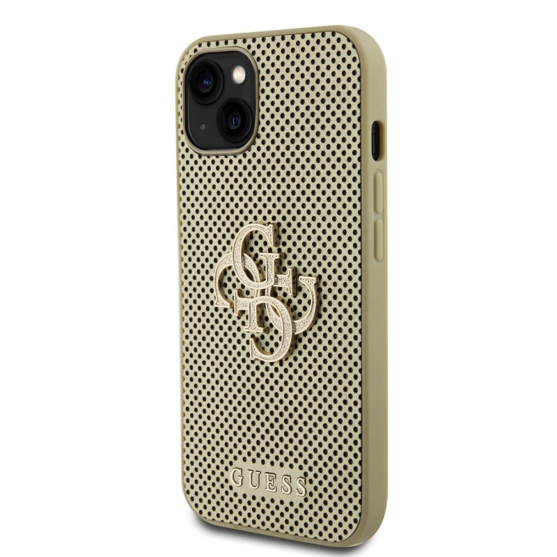 Guess PU Perforated 4G Glitter Metal Logo Zadný Kryt pre iPhone 15 Gold