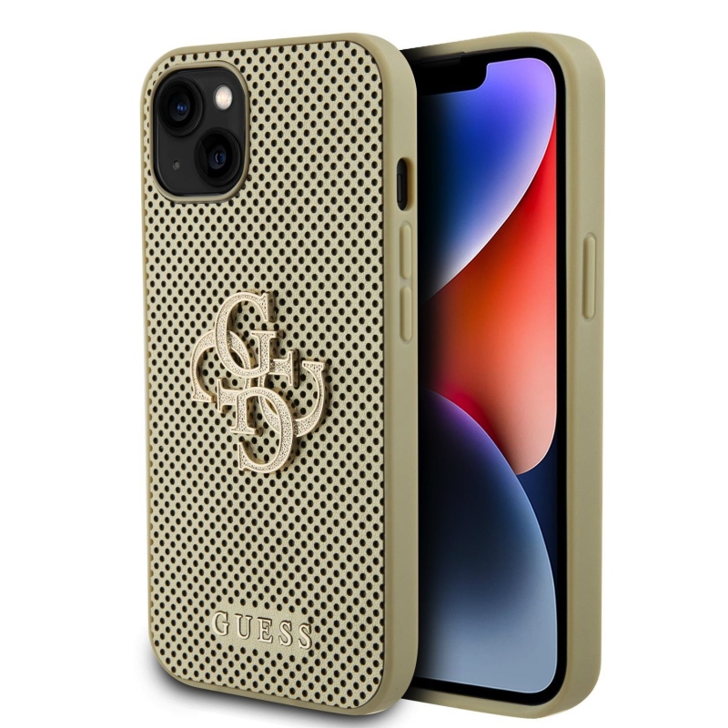 Guess PU Perforated 4G Glitter Metal Logo Zadný Kryt pre iPhone 15 Gold