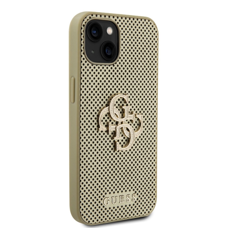 Guess PU Perforated 4G Glitter Metal Logo Zadný Kryt pre iPhone 15 Gold