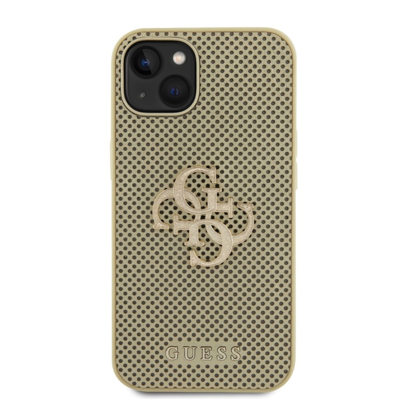 Guess PU Perforated 4G Glitter Metal Logo Zadný Kryt pre iPhone 15 Gold