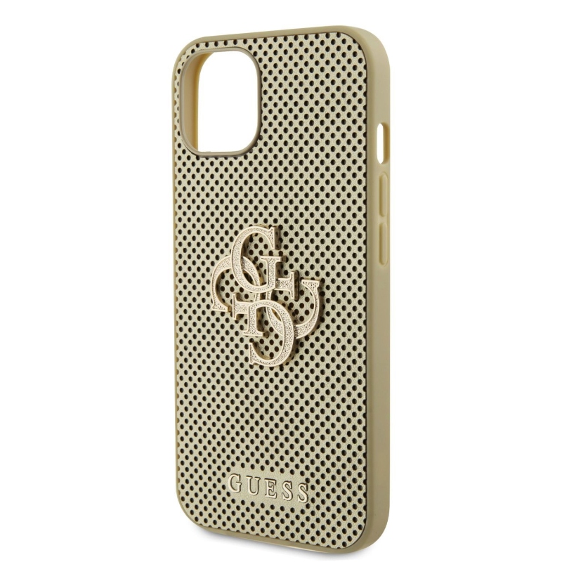 Guess PU Perforated 4G Glitter Metal Logo Zadný Kryt pre iPhone 15 Gold