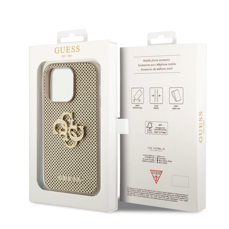 Guess PU Perforated 4G Glitter Metal Logo Zadný Kryt pre iPhone 15 Pro Gold