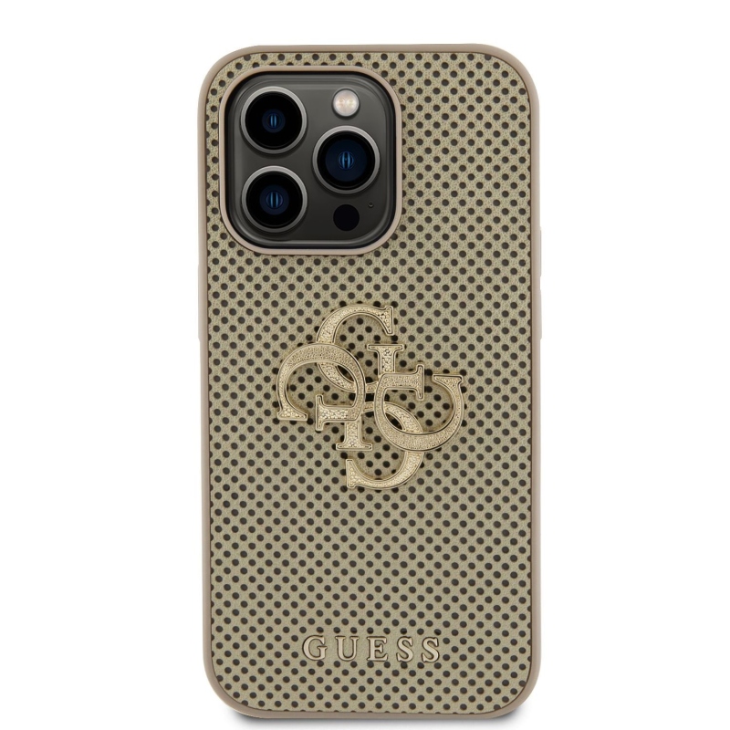 Guess PU Perforated 4G Glitter Metal Logo Zadný Kryt pre iPhone 15 Pro Gold