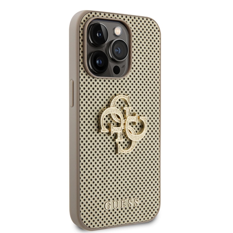 Guess PU Perforated 4G Glitter Metal Logo Zadný Kryt pre iPhone 15 Pro Gold