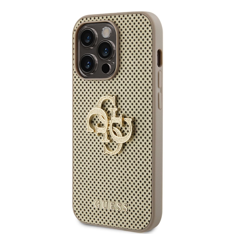 Guess PU Perforated 4G Glitter Metal Logo Zadný Kryt pre iPhone 15 Pro Gold