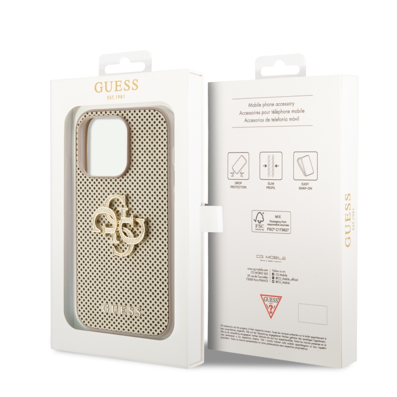 Guess PU Perforated 4G Glitter Metal Logo Zadný Kryt pre iPhone 15 Pro Max Gold