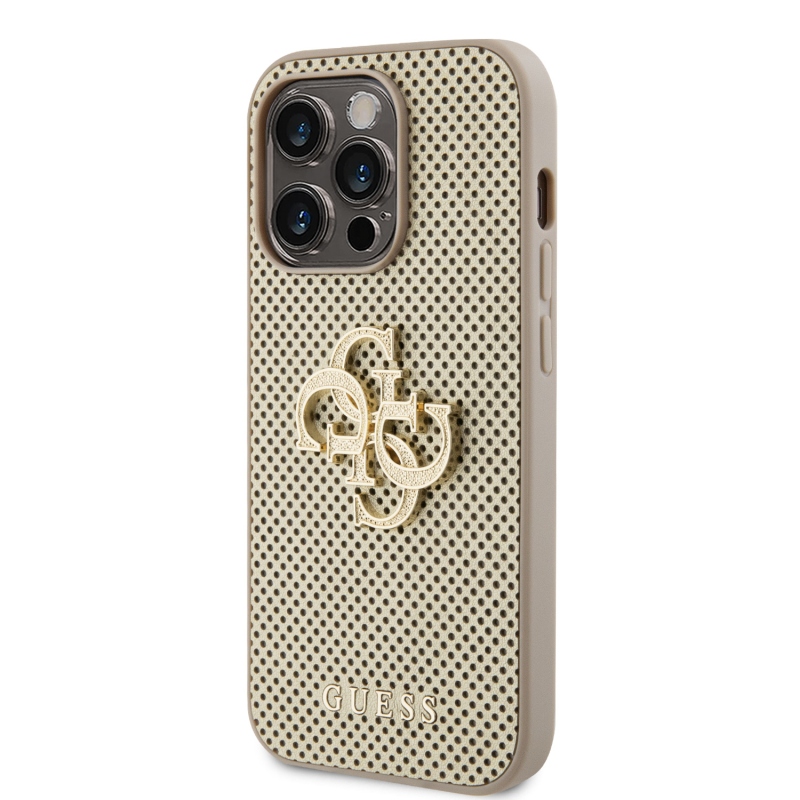 Guess PU Perforated 4G Glitter Metal Logo Zadný Kryt pre iPhone 15 Pro Max Gold